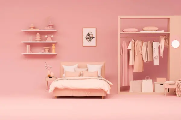 Pink Walk Closet Wardrobe Minimal Bed Armchair Storage Shelf Pastel — Stock Photo, Image