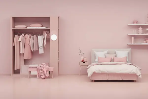 Pinkfarbener Wandschrank Mit Kleiderschrank Minimal Bett Und Sessel Regal Pastellfarbenem — Stockfoto