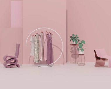 Arc Shape Wrought Coat Rack Hangar standı pastel pembe renklerde pembe arka planda koltuk. Yaratıcı kompozisyon 3D tasarım, mağaza ve yatak odası konsepti, alışveriş ve bayan