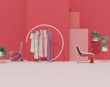 Arc Shape Wrought Coat Rack Hangar standı pastel pembe renklerde pembe arka planda koltuk. Yaratıcı kompozisyon 3D tasarım, mağaza ve yatak odası konsepti, alışveriş ve bayan