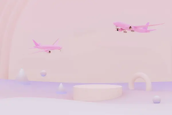 Różowy Samolot Lecący Niebie Geometryczną Abstrakcją Samolot Startuje Pastelowe Tło — Zdjęcie stockowe
