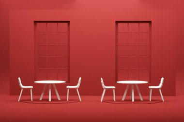 Odanın içi tek renkli kırmızı renkte, büyük pencereli, masa ve sandalyeli. Kopyalama alanı olan ışık arkaplanı. Web sayfası, sunum veya resim çerçevesi arkaplanı için 3B hazırlama.