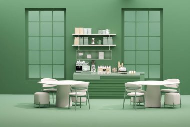 Modern beyaz ve yeşil kahve tezgahı, büyük pencereli, espresso kahve makineli, çevre dostu kağıt bardak yığını. Sabah güneşi, Bistro, İş, Uzay, Boşluk