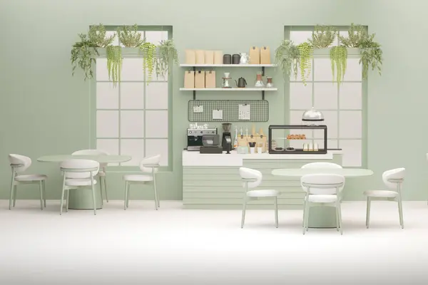 3Dレンダリングモダンな白と緑のカフェカウンター大きな窓 エスプレッソコーヒーメーカー エコフレンドリーな紙コップのスタック 朝日光 ビストロ ビジネス スペース ブランク — ストック写真