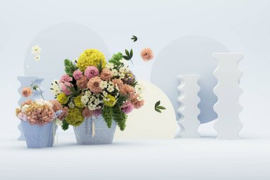  3D podyum, ortanca çiçeği ve klasik çerçeveli pastel mavi arkaplan. Şakayık çiçeği ve doğa yaprağı. Güzellik ve ürün için minimum kaide. Kadınsı kopyalama alanı şablonu 3d oluşturma