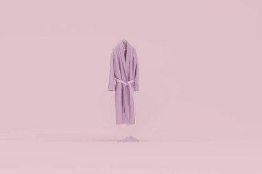 Purple Bathrobe isolated on pink background. Soft classic clothes for spa, bathhouse, pool or sauna. 3d render clipart