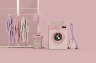 Modern çamaşır makinesi ve askıda pembe renkli bornoz seti. Kaplıca, hamam, havuz ya da sauna için yumuşak klasik kıyafetler. 3d hazırlayıcı