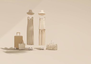 Bej arka planda palmiye gölgesi olan şapka ve valizli yaz tatili konsepti, kadın kıyafetleri, minimum moda kıyafetleri..