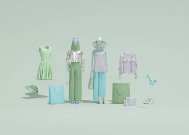 Şapkalı ve çantalı yaz tatili konsepti, gümüş rengi palmiye gölgesi, kadın kıyafetleriyle birlikte yeşil arka plan, asgari moda kıyafetleri..