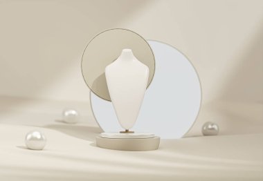 Kolye için büyük bir mücevher gösterisi. Tahta, taş tutucu. Pastel rengi manken mücevher standının etrafında inciler var. Sosyal medya afişleri ve terfiler için 3D moda oluşturma