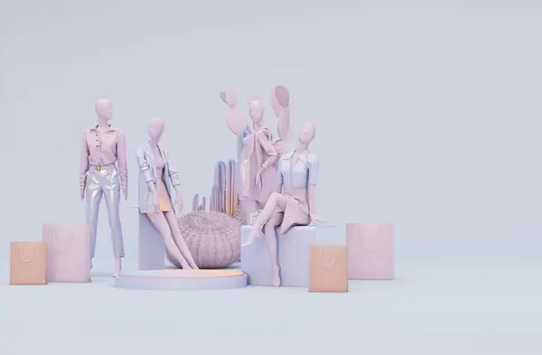 stock image  Clothes mannequins a hanger surrounding by bag and market prop with geometric shape on the floor in pastel pink, purple color online shopping concept