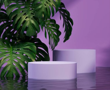 Pastel mor arka planda canavar palmiyesi yaprakları olan 3 boyutlu podyum. Minimal Jungle ürünleri tanıtmak için egzotik yeşilliklere sahiptir. Marka pankartları için dikey tüp platformu. 3B görüntüleme