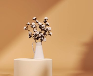 Yuvarlak masa üzerinde beyaz pamuk çiçekleri, bej arka planda perdeler. Narin, hafif, pamuklu bir arka plan. Doğal organik lif, kumaş yapımında kullanılan hammaddeler. 3d hazırlayıcı
