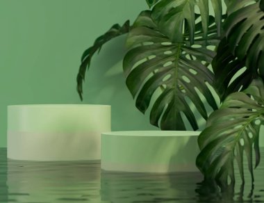 Pastel bej arka planda canavar palmiyesi yaprakları olan 3 boyutlu podyum. Minimal Jungle ürünleri tanıtmak için egzotik yeşilliklere sahiptir. Marka pankartları için dikey tüp platformu. 3B görüntüleme