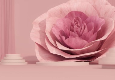3 boyutlu podyum, gül çiçekleri ve palmiye yaprağı gölgesi olan pastel pembe arkaplan. Güzellik için minimum kaide, kozmetik ürün. Valentine, kadınsı kopyalama alanı şablonu 3d oluşturma