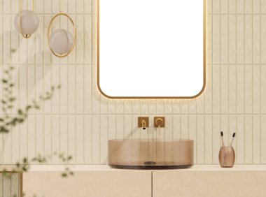 Modern banyo, seramik lavabo, banyo taşından dolaplar, cam lavabo, kemerli aynalar, hafif arka plan. Çağdaş ev ya da otel konsepti. 3B Hazırlama