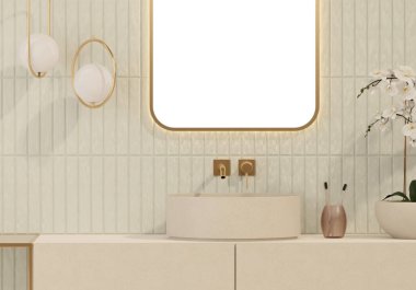 Modern banyo, seramik lavabo, banyo taşından dolaplar, cam lavabo, kemerli aynalar, hafif arka plan. Çağdaş ev ya da otel konsepti. 3B Hazırlama