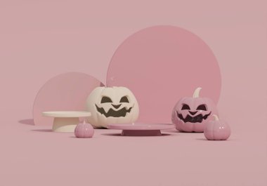 Pastel pembe arka planda Cadılar Bayramı balkabağı. Yaratıcı bir fikir. Podyumda çok az konsept var. 3B görüntüleme