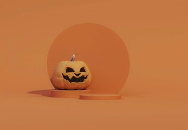 Sarı, turuncu arka planda balon kürsüsü olan Cadılar Bayramı turuncu balkabakları. Cadılar bayramı konseptin kutlu olsun. 3d hazırlayıcı