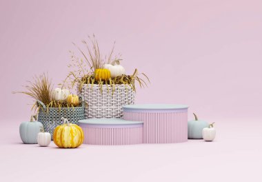 Pastel pembe arka planda Cadılar Bayramı balkabağı. Yaratıcı bir fikir. Podyumda çok az konsept var. 3B görüntüleme