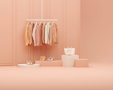 Şeftali tüyü 2024 yılının moda rengi. Pastel turuncu arka planı olan bir askıda asılı sonbahar giysileri. Ceket, kazak, askılarda asılı kalın gömlek. Yaratıcı kompozisyon. Satış konsepti