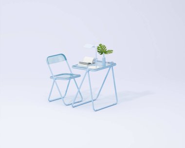 Pastel mavi monokrom çok az ofis masası. Çalışma masası, saksı ve çalışma alanı için akrilik masa sandalyesi fikri. Model şablonu, 3d oluşturma
