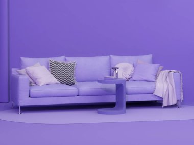 Mor renkli kanepe, mavi ve mor renkli duvarlara karşı dekorasyon evi. Modern oturma odasının Memphis postmodern iç tasarımı. 3d hazırlayıcı
