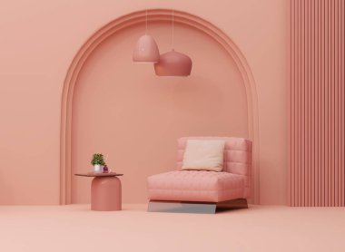 Şeftali tüyü, kayısı ezme stüdyosu ve iki koltuklu yaratıcı iç tasarım. Web sayfası için 3D görüntüleme. Yaratıcı kompozisyon. Satış konsepti