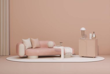 Şeftali tüyü, kayısı ezme stüdyosu ve iki koltuklu yaratıcı iç tasarım. Web sayfası için 3D görüntüleme. Yaratıcı kompozisyon. Satış konsepti