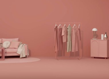 Şeftali tüyü 2024 yılının moda rengi. Pastel mercan pembeli bir askıda asılı elbiseler. Oturma odasında elbise, kazak, gömlek ve kanepe. Yaratıcı kompozisyon. Satış konsepti