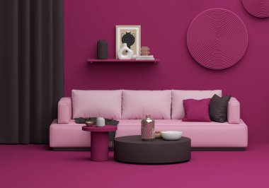 Burgonya renkli arka planda modern oturma odasının minimalist iç tasarımı. Lüks oturma odasının Memphis 'i şık kanepe, sehpa, bitkiler ve yaratıcı ev aksesuarları. 3d hazırlayıcı