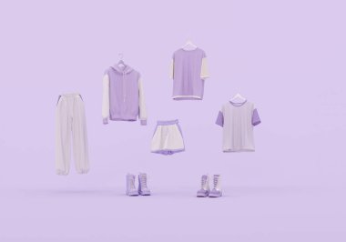 Gerçekçi spor takımları, basit kıyafetler, tişört, kısa pantolon ve ayakkabılar. Erkek ve kadın gardıroplarının mor parçalarını yapıştırın. 3d hazırlayıcı