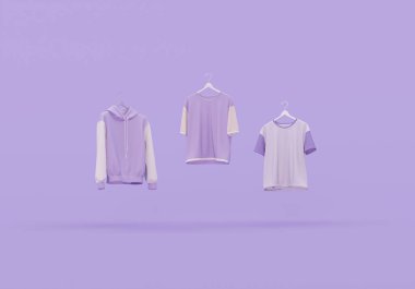 Gerçekçi spor takımları, basit kıyafetler, tişört, kısa pantolon ve ayakkabılar. Erkek ve kadın gardıroplarının mor parçalarını yapıştırın. 3d hazırlayıcı