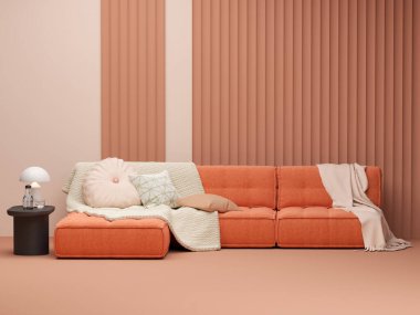 Kayısı ezme eğilimi 2024 yılı birinci sınıf oturma odasında. Sanat için doku modelleme duvarı - mikroçimento pastel gri boz rengi. Modern oda iç tasarım salonu. Aksanlı şeftali tüyü, turuncu renkli kanepe. 3d