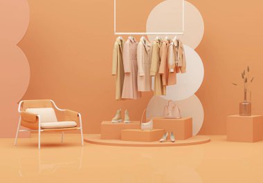 Autumn Clothes hanging on a rack with pastel orange background. Coat, sweater, warm shirt hanging on the hangers. Creative composition. Sale concep clipart