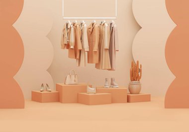 Pastel turuncu arka planı olan bir askıda asılı sonbahar giysileri. Ceket, kazak, askılarda asılı kalın gömlek. Yaratıcı kompozisyon. İndirimli.