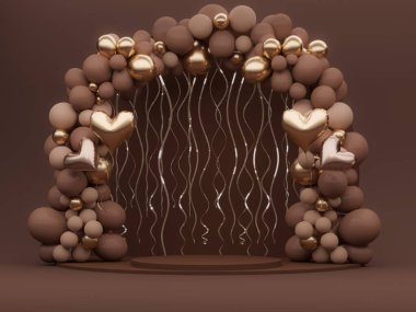 Mocha Mousse, düğün, doğum günü, bebek partisi, bayram için Frame kemerinde 2025 yılının moda rengi. Kahverengi bej pankart arka planı. 3d hazırlayıcı