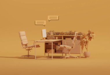 Pastel turuncu kahverengi trend rengi 2025 baloncuk konuşmalı minimal ofis masası. Şık bir iş yeri, takım çalışması. Mockup Şablonu, 3B Hazırlama.