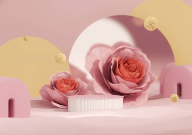 3D podyum, ortanca çiçeği ve klasik çerçeveli pastel pembe arka plan. Gül çiçeği ve doğa yaprağı. Güzellik ve ürün için minimum kaide. Kadınsı kopyalama alanı şablonu 3d oluşturma