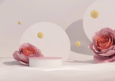 3D podyum, ortanca çiçeği ve klasik çerçeveli pastel pembe arka plan. Gül çiçeği ve doğa yaprağı. Güzellik ve ürün için minimum kaide. Kadınsı kopyalama alanı şablonu 3d oluşturma