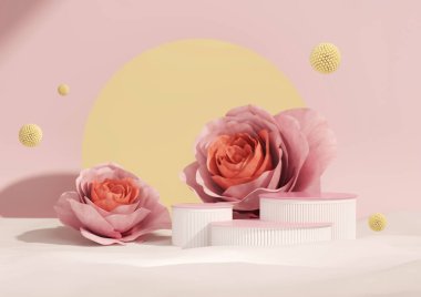 3D podyum, ortanca çiçeği ve klasik çerçeveli pastel pembe arka plan. Gül çiçeği ve doğa yaprağı. Güzellik ve ürün için minimum kaide. Kadınsı kopyalama alanı şablonu 3d oluşturma