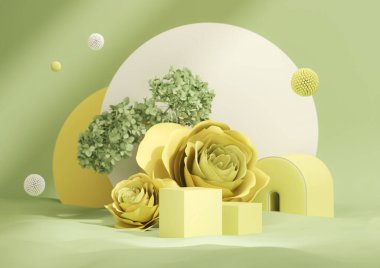 3 boyutlu podyum görüntüsü, ortanca çiçeği ve klasik çerçeveli sarı yeşil arka plan. Gül çiçeği ve doğa yaprağı. Güzellik ve ürün için minimum kaide. Kadınsı kopyalama alanı şablonu 3d oluşturma