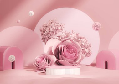 3D podyum, ortanca çiçeği ve klasik çerçeveli pastel pembe arka plan. Gül çiçeği ve doğa yaprağı. Güzellik ve ürün için minimum kaide. Kadınsı kopyalama alanı şablonu 3d oluşturma