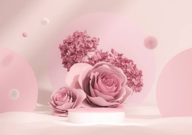 3D podyum, ortanca çiçeği ve klasik çerçeveli pastel pembe arka plan. Gül çiçeği ve doğa yaprağı. Güzellik ve ürün için minimum kaide. Kadınsı kopyalama alanı şablonu 3d oluşturma