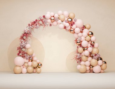 Pembe ve Bej Pastel Çiçekli Zarif Balon Kemeri Düğün veya Doğum Günü Partisi Dekorasyonu