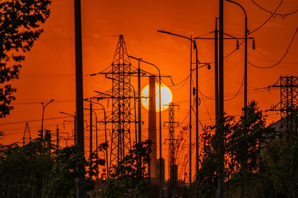 stock image high voltage tower with sunset sky