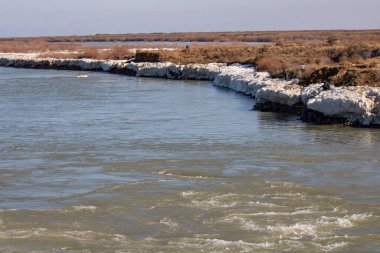 the beautiful river in the winter time, the concept of the water is melting on the lake.