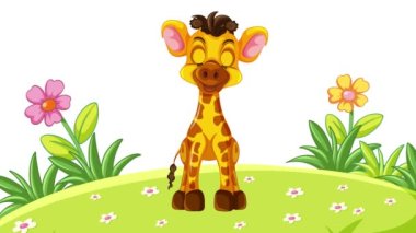 2D animasyon zürafa başı hareket eden kulakları ve kuyruğunu hareket ettiren yeşil çimen arazisi ve çiçeklere karşı sevimli bir çizgi filmi göz kırpan. Zürafa hareketi grafik animasyonu. Çocuk çizgi filmleri..