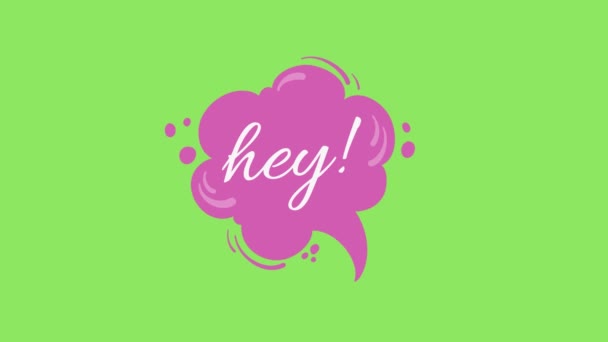 Hey Опечатка Фиолетовый Текстовый Стиль Речи Пузырь Символ Зеленом Экране — стоковое видео