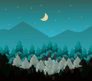 Flat illustration of the forest in the frontline and night silhouettes of the mountains, trees at bottom and the full moon above. Vector illustration of beautiful sea green mountain  forest landscape.